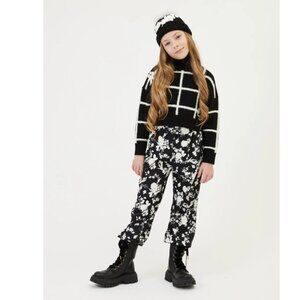 MONNALISA Kids Windowed Knitted Sweater Black White Fur Check Embroidered NWT